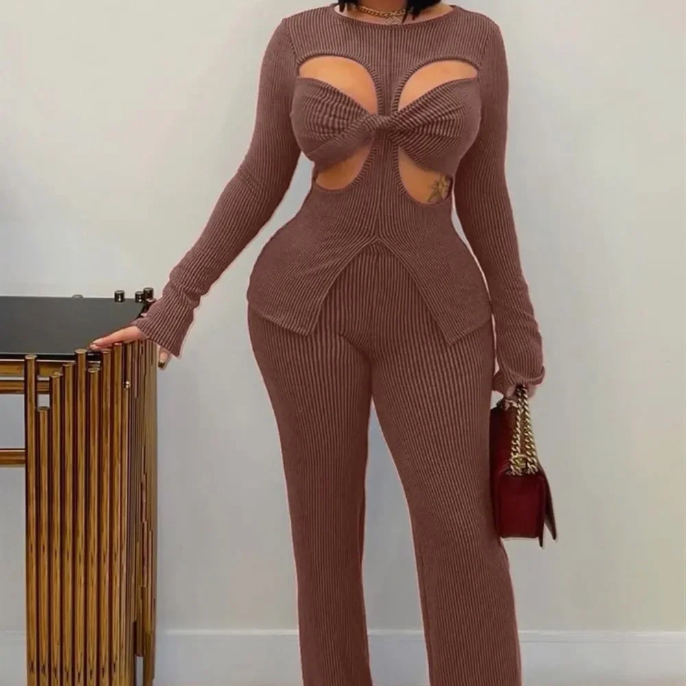 Brown Ribbed Cut-Out Jumpsuit - Picture 1 of 1